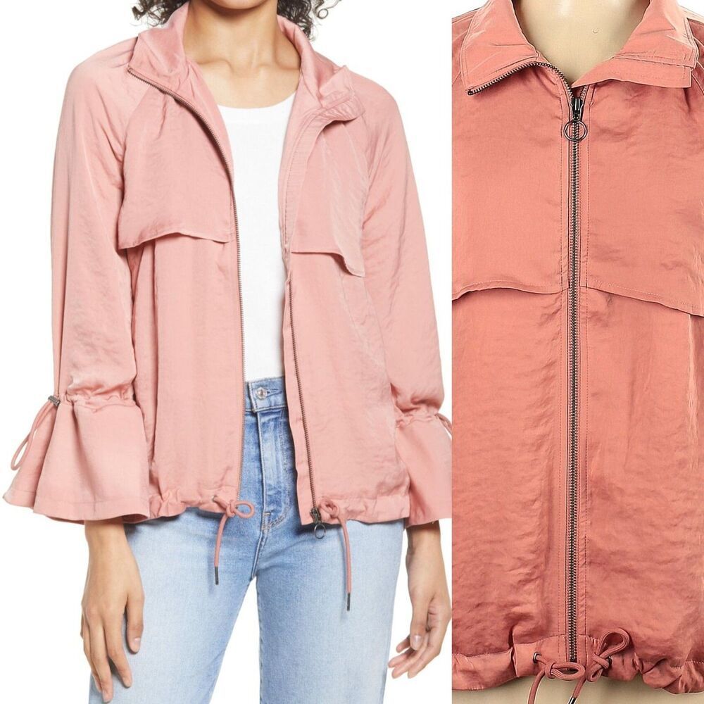 Halogen Satin Uility Jacket Pink Bomber Bell Sleeve Raglan Adjustable Zip Small